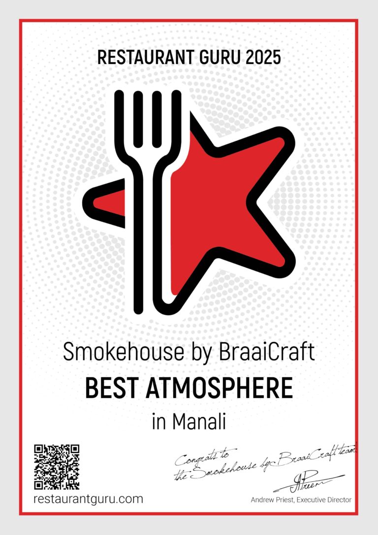 BraaiCraft Smokehouse Gurgaon wins Restaurant Guru 2025 Best Atmosphere award badge with red star and fork logo